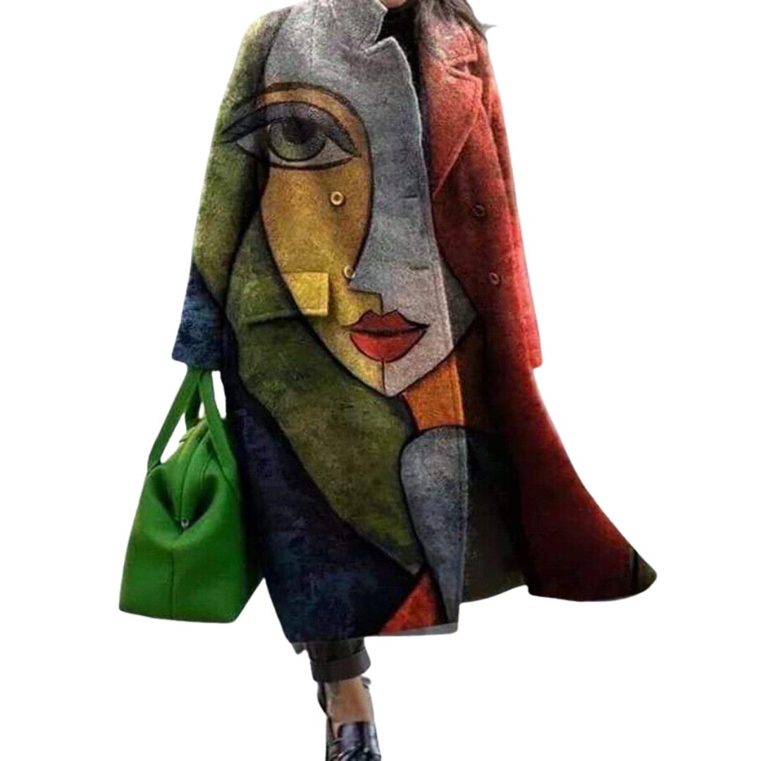 Wilda Printed Longline Lapel Coat - Red and Green Abstract Face