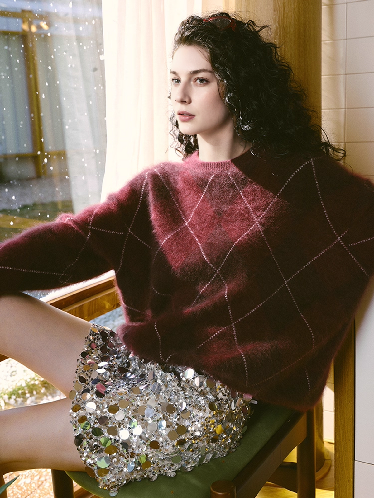 Wildera Argyle Oversized Sweater - Burgundy