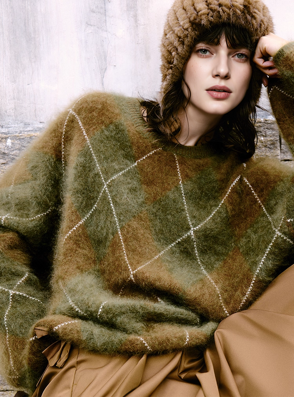 Wildera Argyle Oversized Sweater - Olive Green