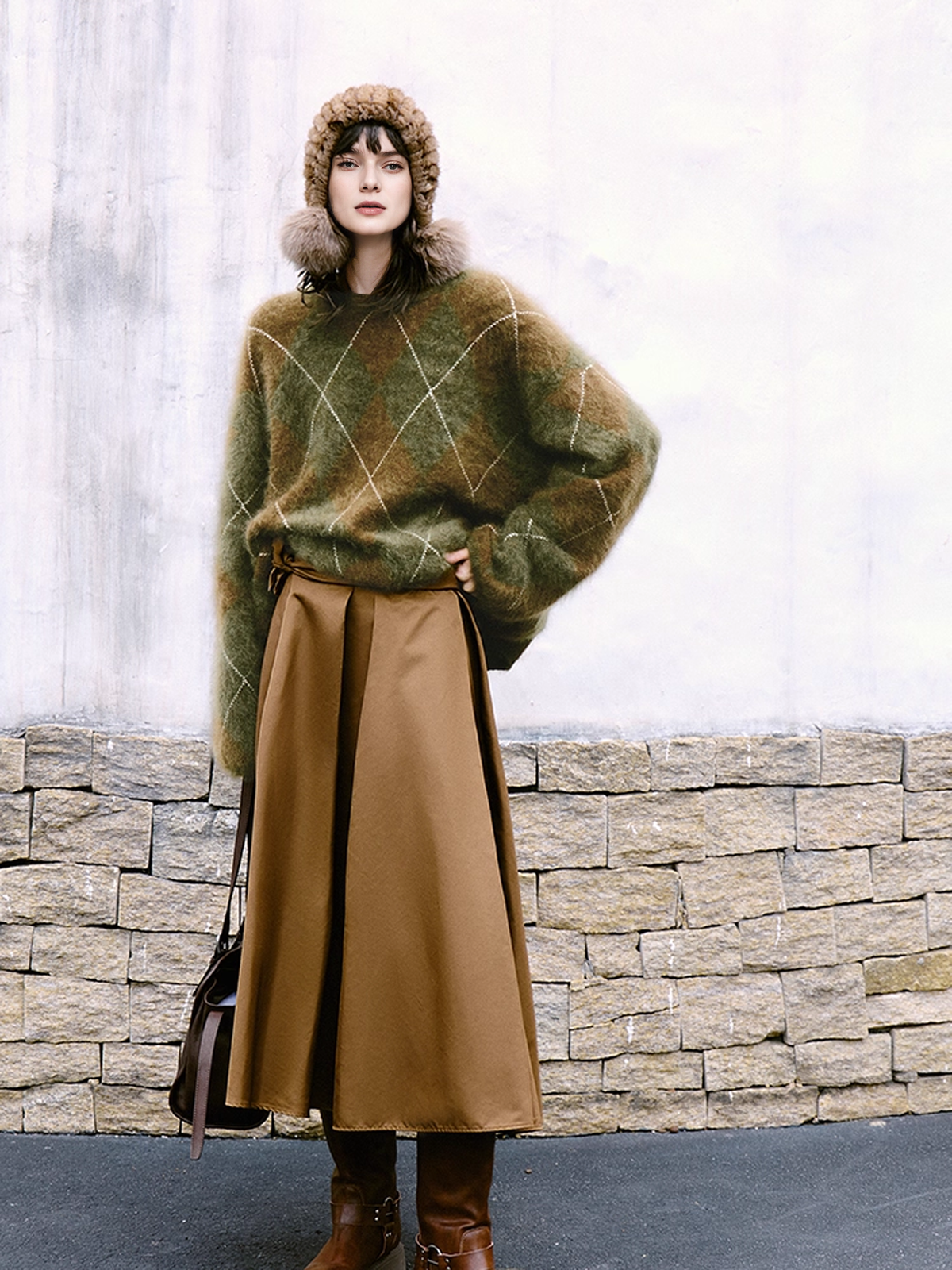 Wildera Argyle Oversized Sweater - Olive Green