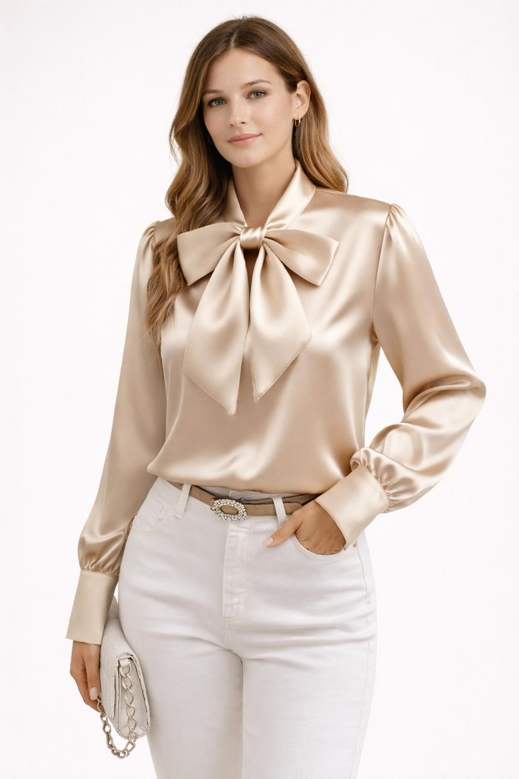 Wilmette Bow Neck Long Sleeve Blouse - Beige