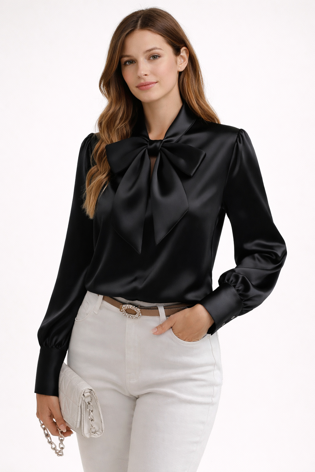 Wilmette Bow Neck Long Sleeve Blouse - Black