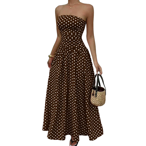 Winnora Polka Dot Strapless Maxi Dress - Brown Polka Dot