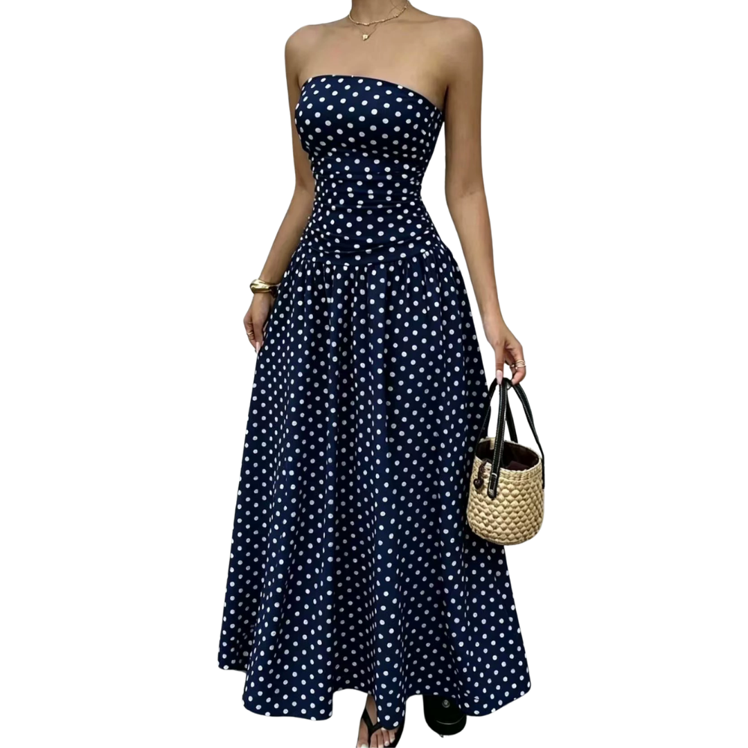 Winnora Polka Dot Strapless Maxi Dress - Navy Polka Dot