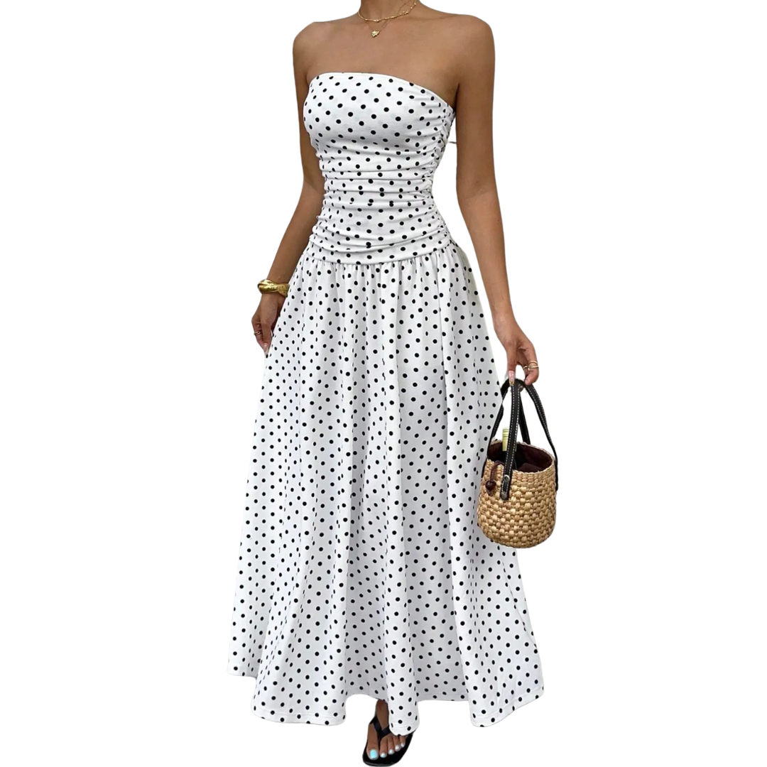 Winnora Polka Dot Strapless Maxi Dress - White Polka Dot