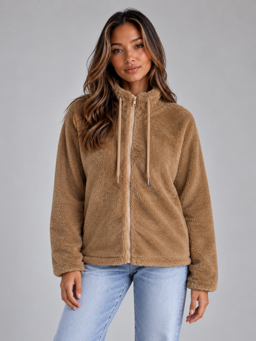 Wrenata High Neck Teddy Fleece Jacket - Khaki
