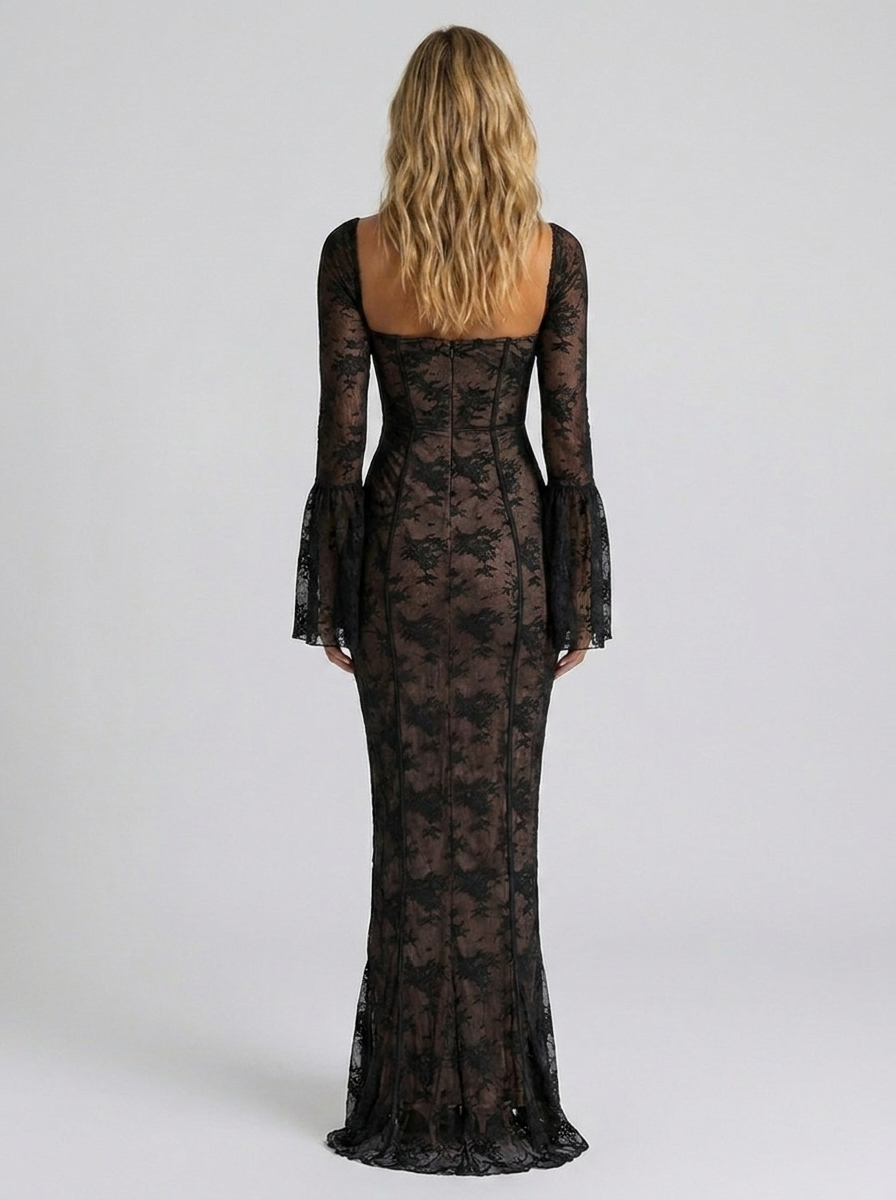 Yael Lace Corset Long Sleeve Maxi Dress - Black