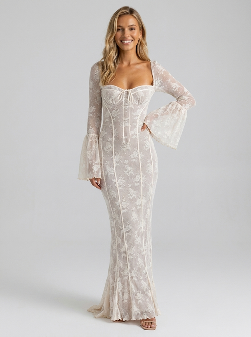 Yael Lace Corset Long Sleeve Maxi Dress - Ivory