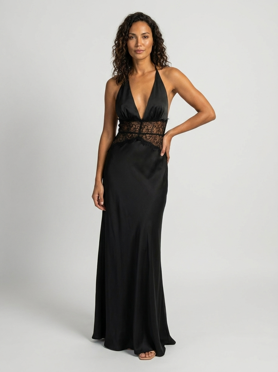 Yana Halter Lace Waist Maxi Dress - Black