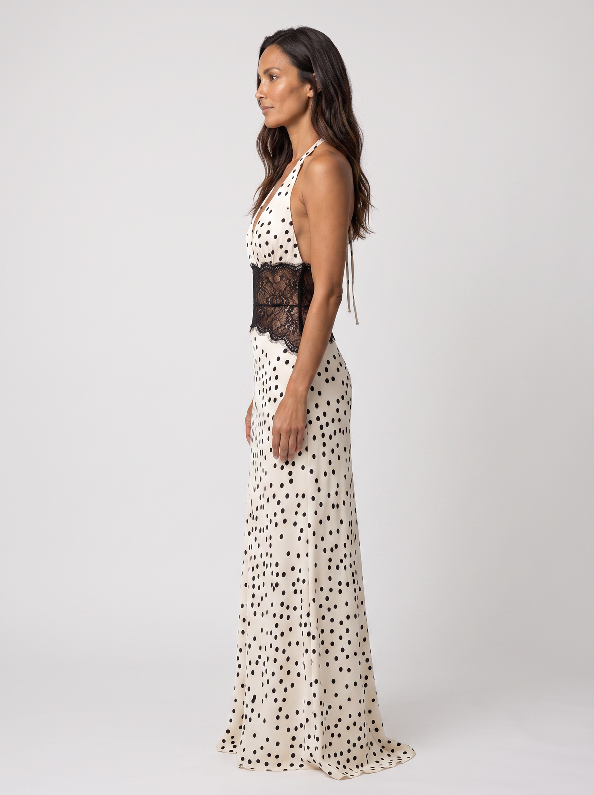 Yana Halter Lace Waist Maxi Dress - Cream Polka Dot