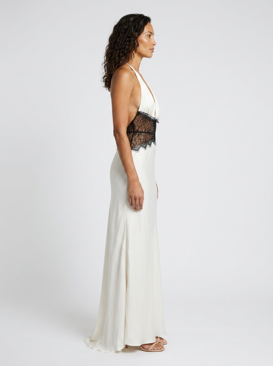 Yana Halter Lace Waist Maxi Dress - White and Black