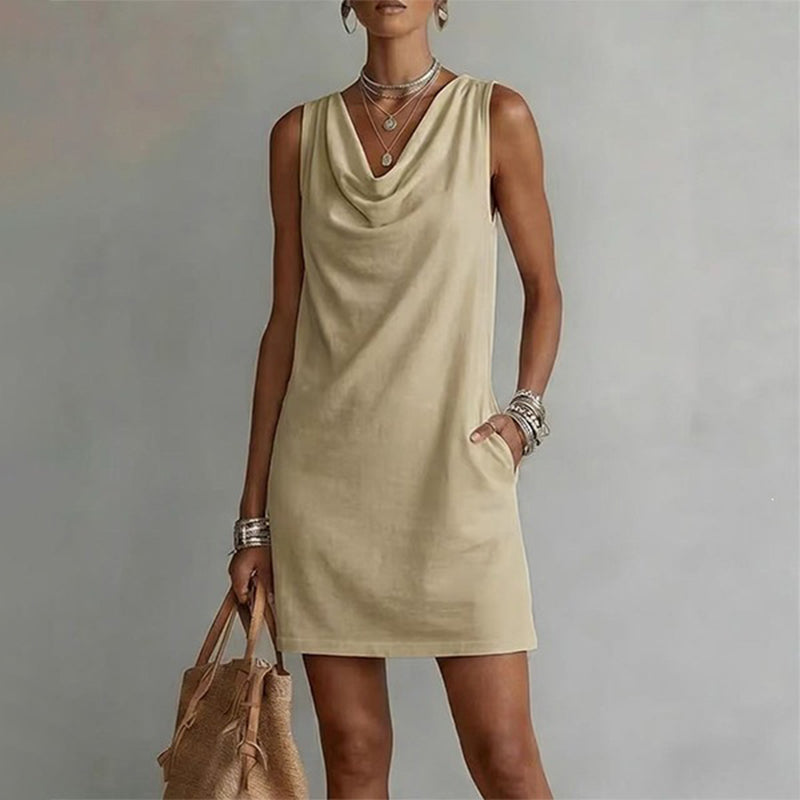 Yesenia Cowl Neck Sleeveless Mini Dress - Beige