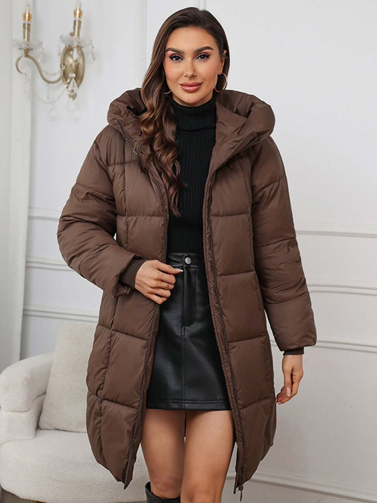 Yessenia Hooded Drawstring Puffer Parka - Brown