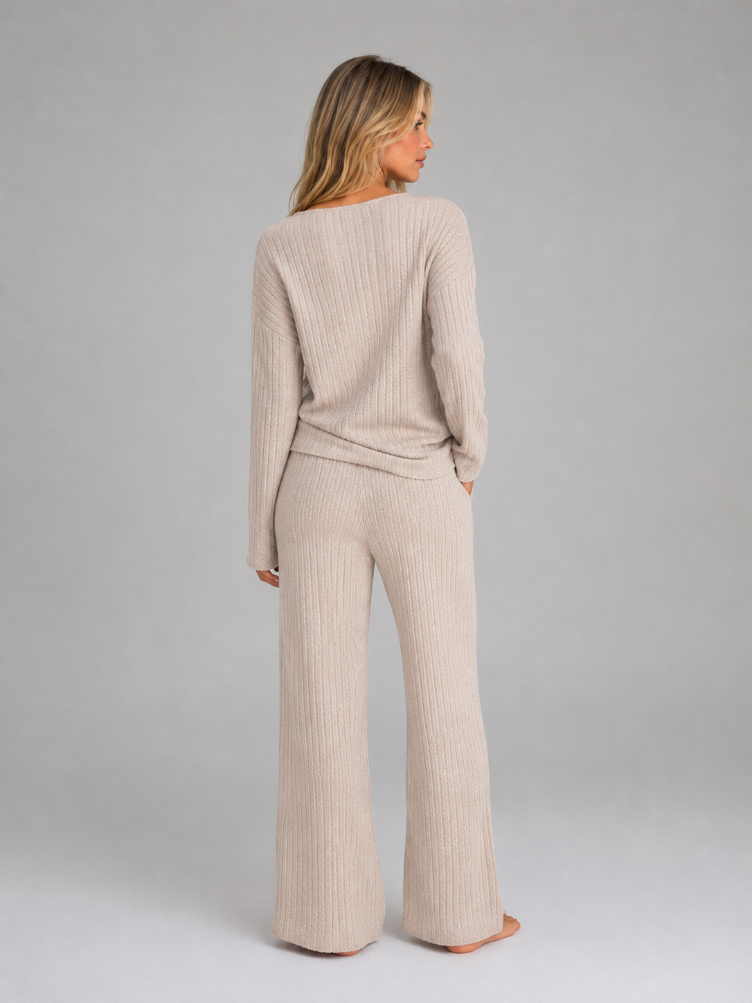 Ynez V-Neck Sweater Wide-Leg Lounge Set - Beige