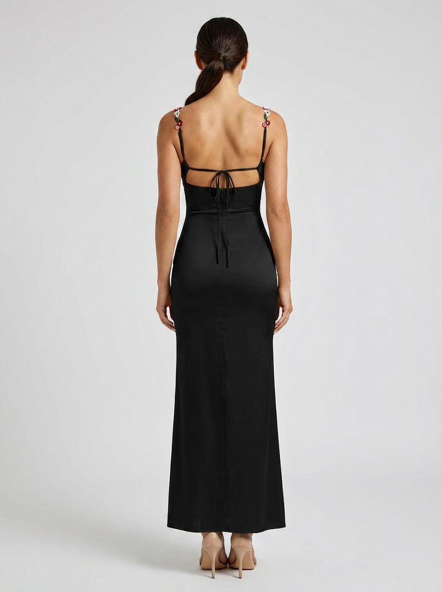 Zahra Satin Floral Trim Gown - Black
