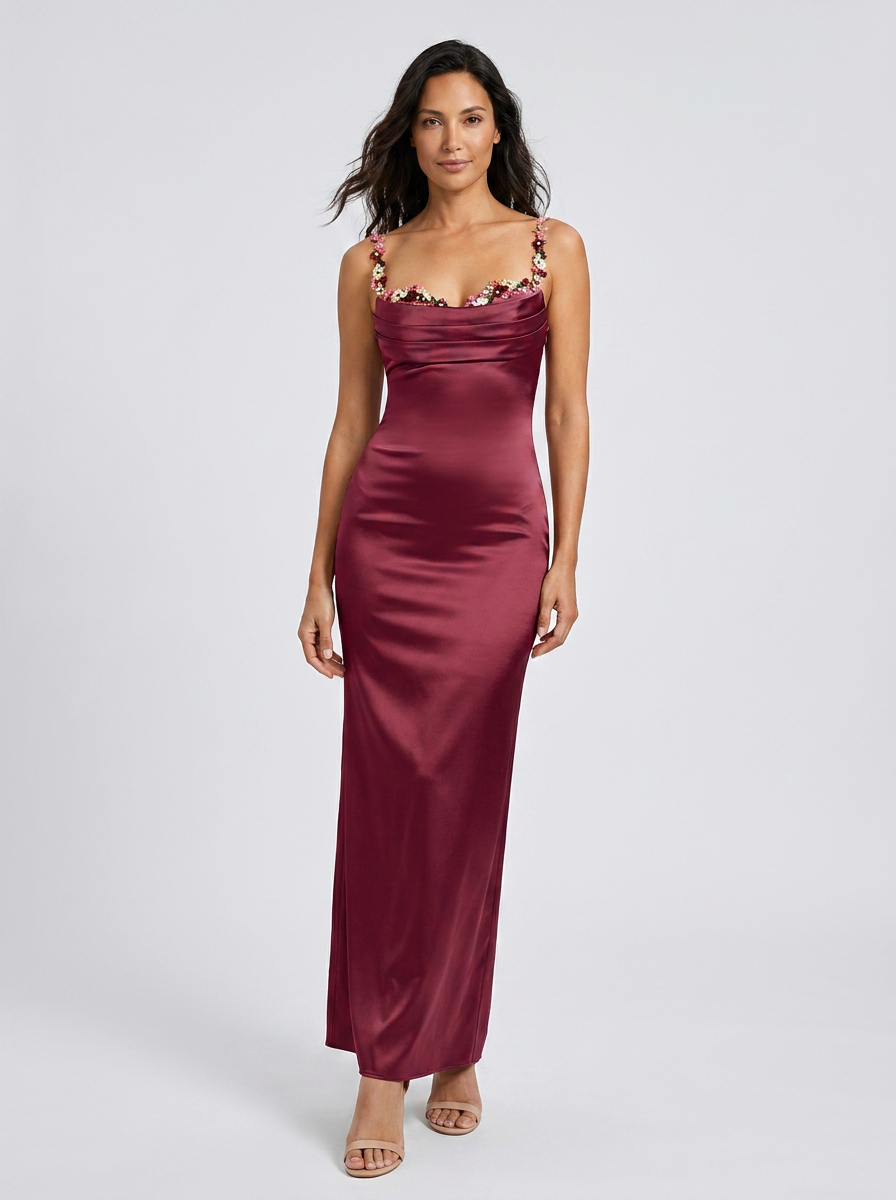 Zahra Satin Floral Trim Gown - Burgundy