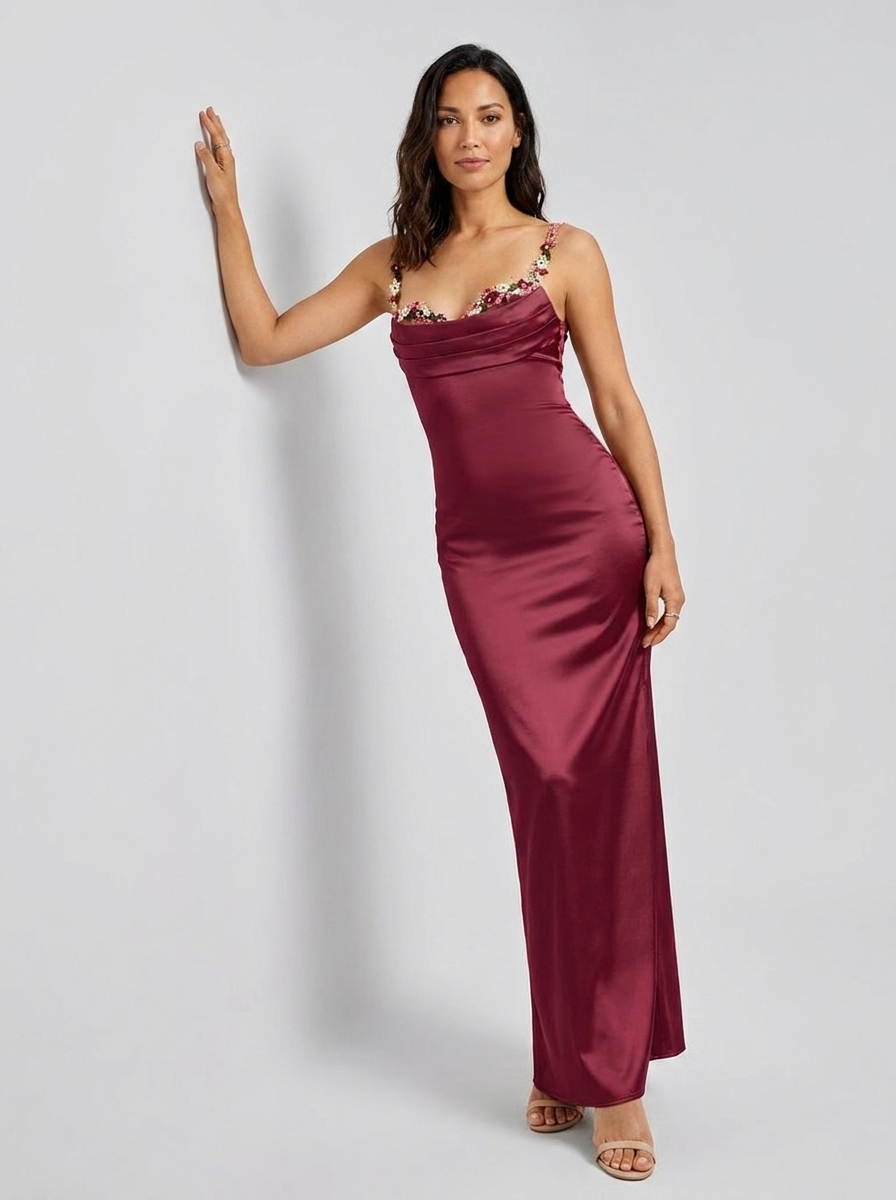 Zahra Satin Floral Trim Gown - Burgundy