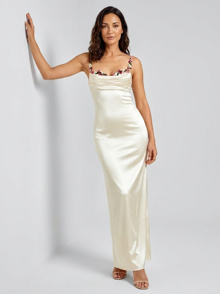 Zahra Satin Floral Trim Gown - Ivory