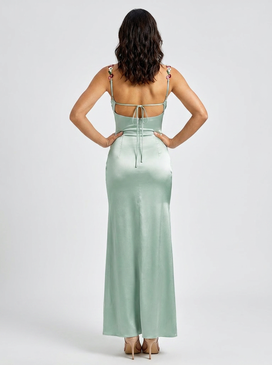 Zahra Satin Floral Trim Gown - Sage
