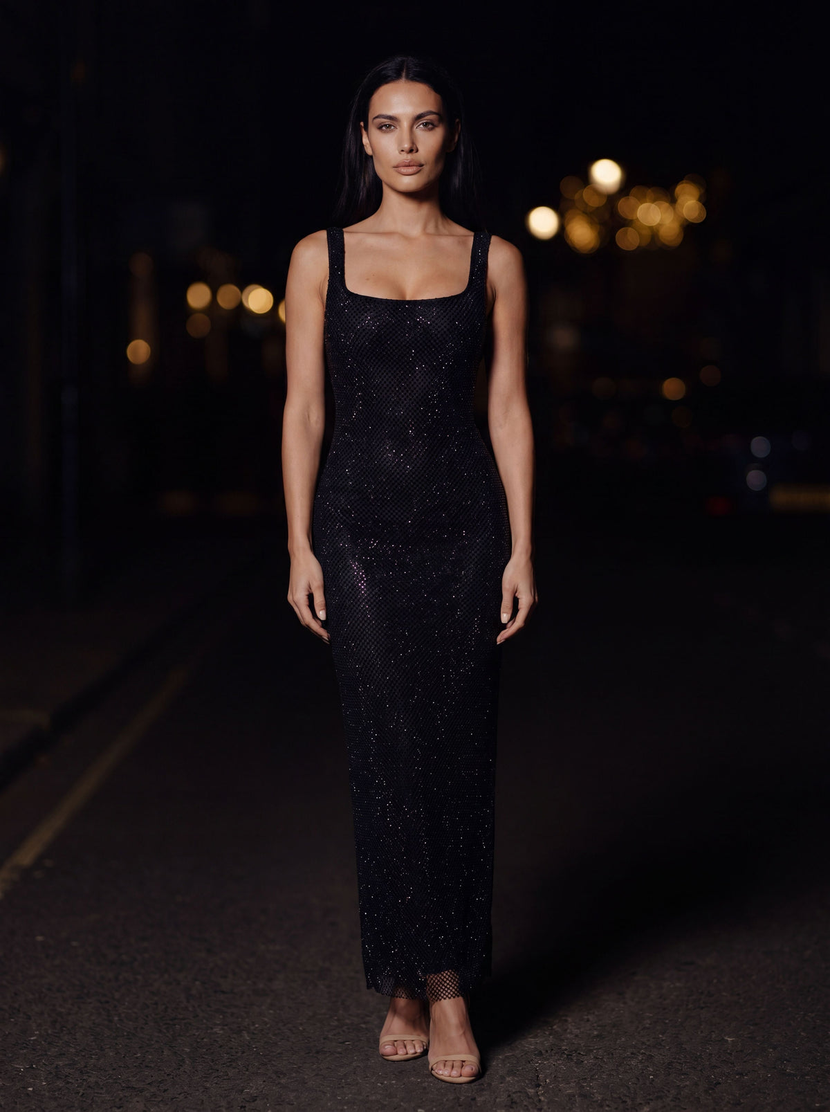 Zamira Rhinestone Square Neck Maxi Dress - Black