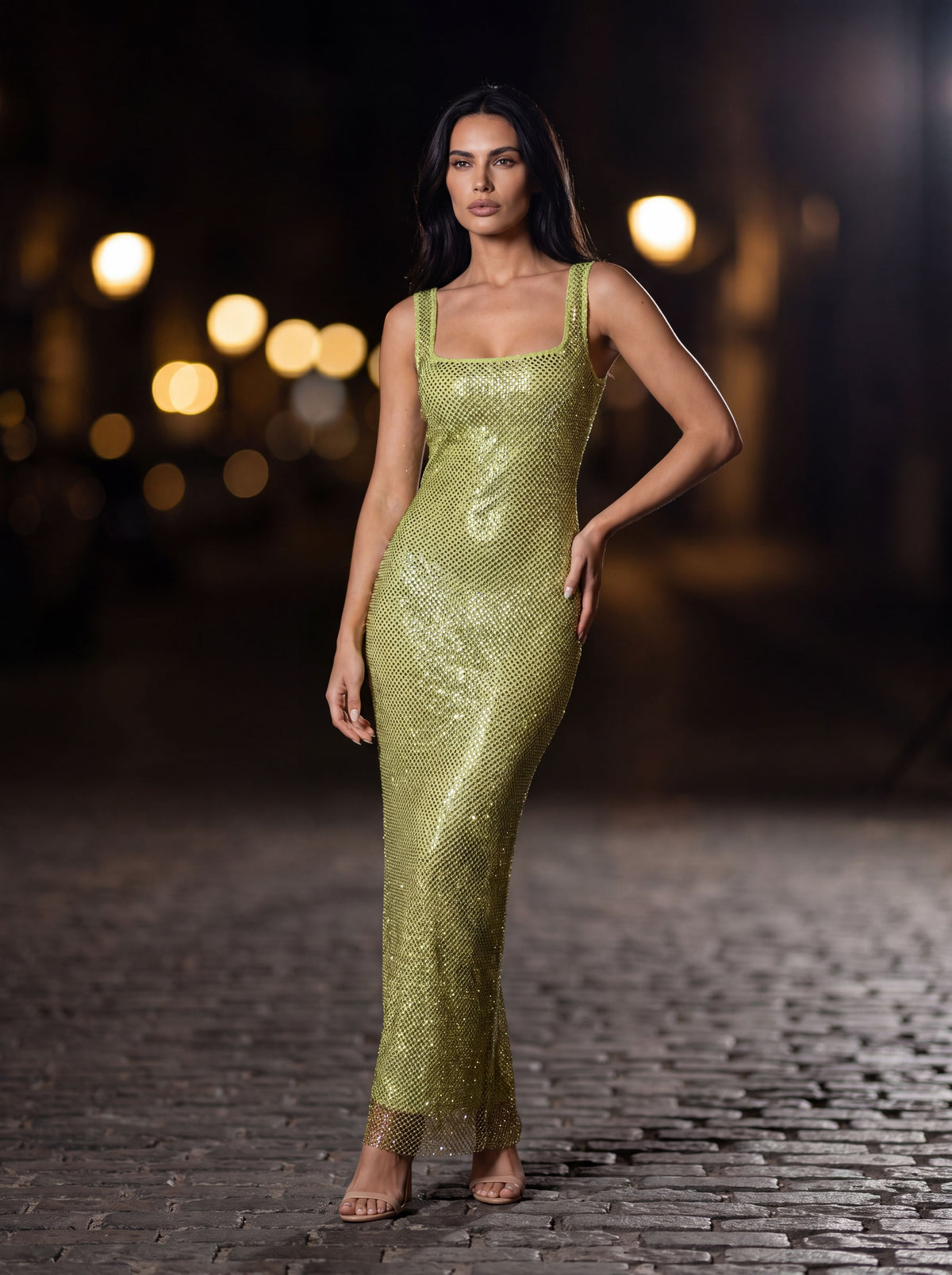 Zamira Rhinestone Square Neck Maxi Dress - Olive Green