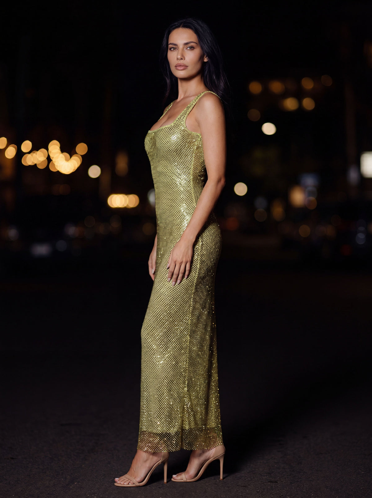 Zamira Rhinestone Square Neck Maxi Dress - Olive Green