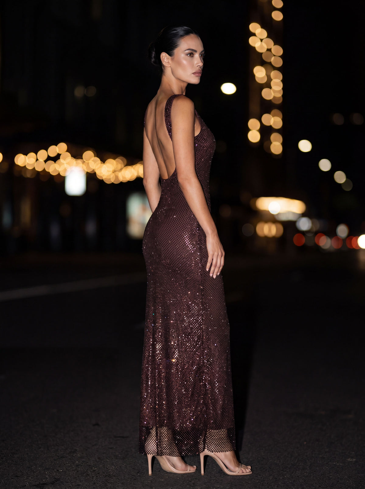 Zamira Rhinestone Square Neck Maxi Dress - Plum Brown