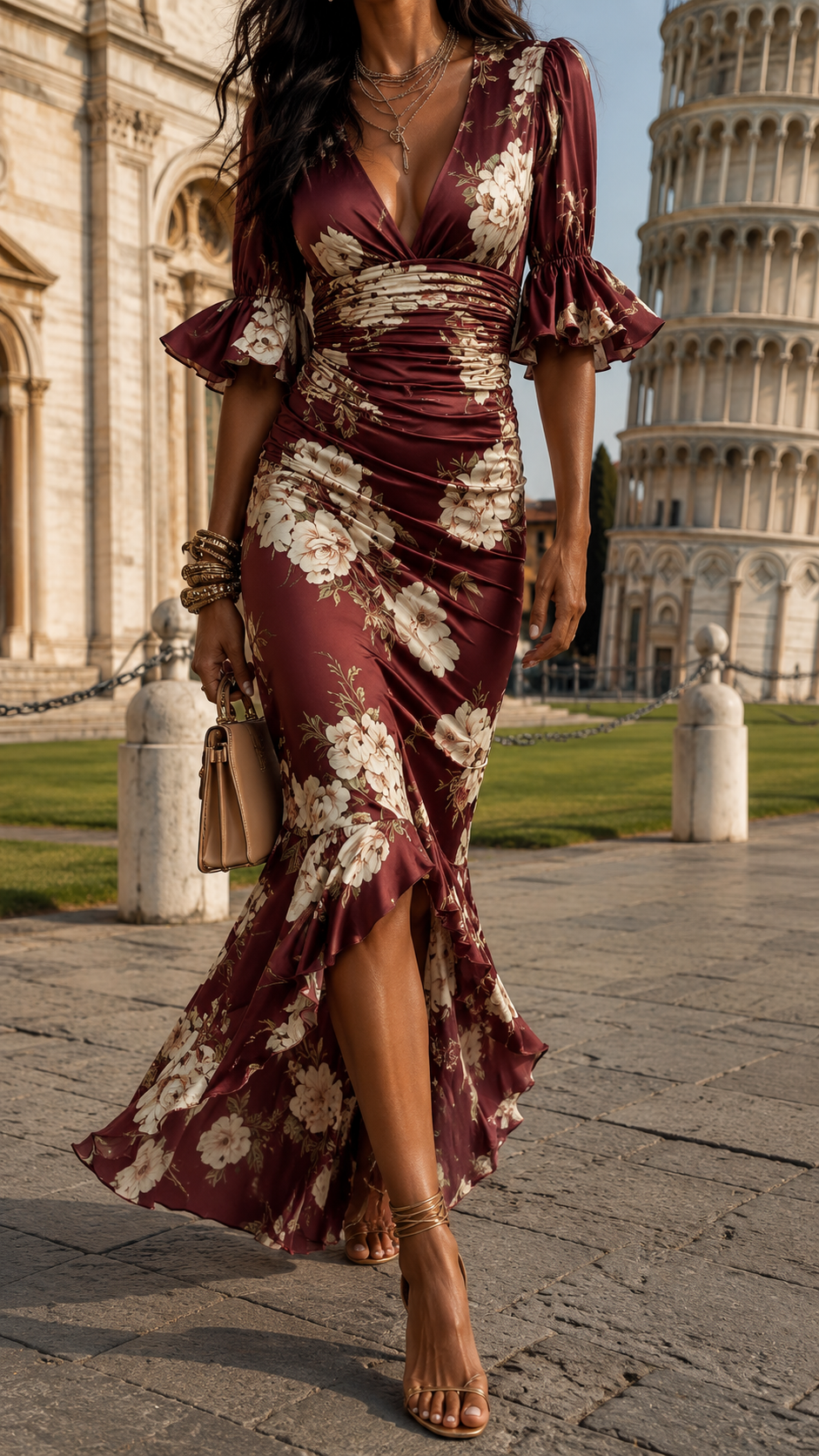 Zemira Floral Flutter Sleeve Maxi Dress - Burgundy Floral