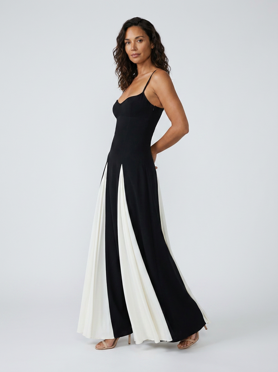 Zia Contrast Panel Sweetheart Maxi Dress - Black and White