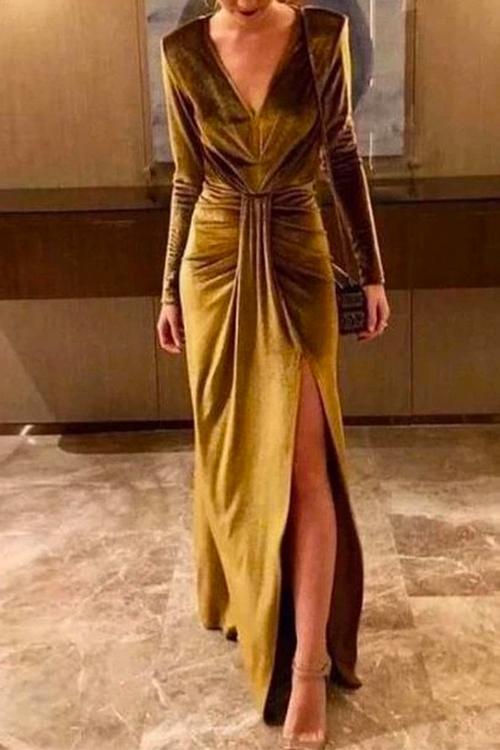 Zuzana Ruched Velvet Slit Maxi Dress - Gold
