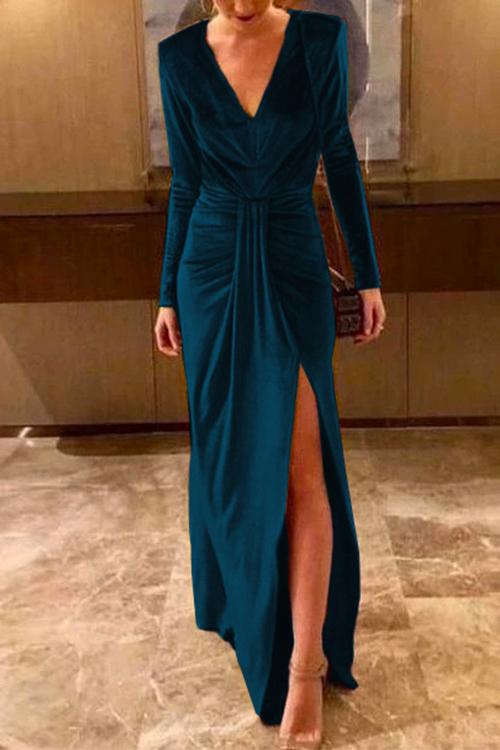 Zuzana Ruched Velvet Slit Maxi Dress - Teal Blue