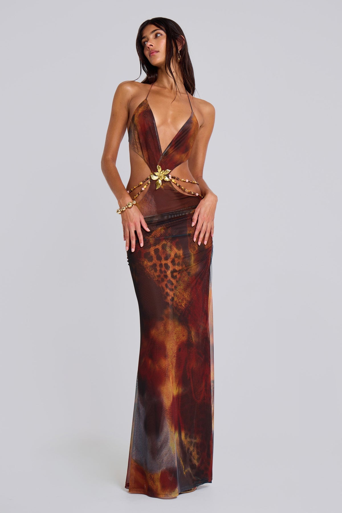 Leylah Halter Maxi Dress - Brown Flame