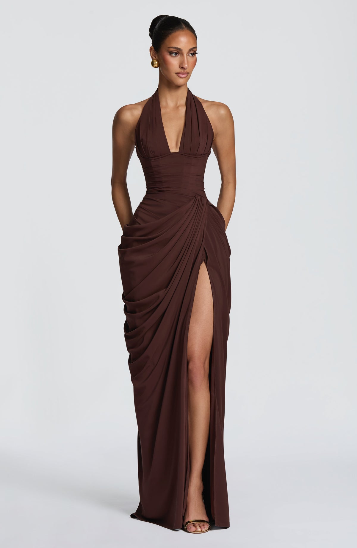 Minette Halter Maxi Dress - Chocolate Brown