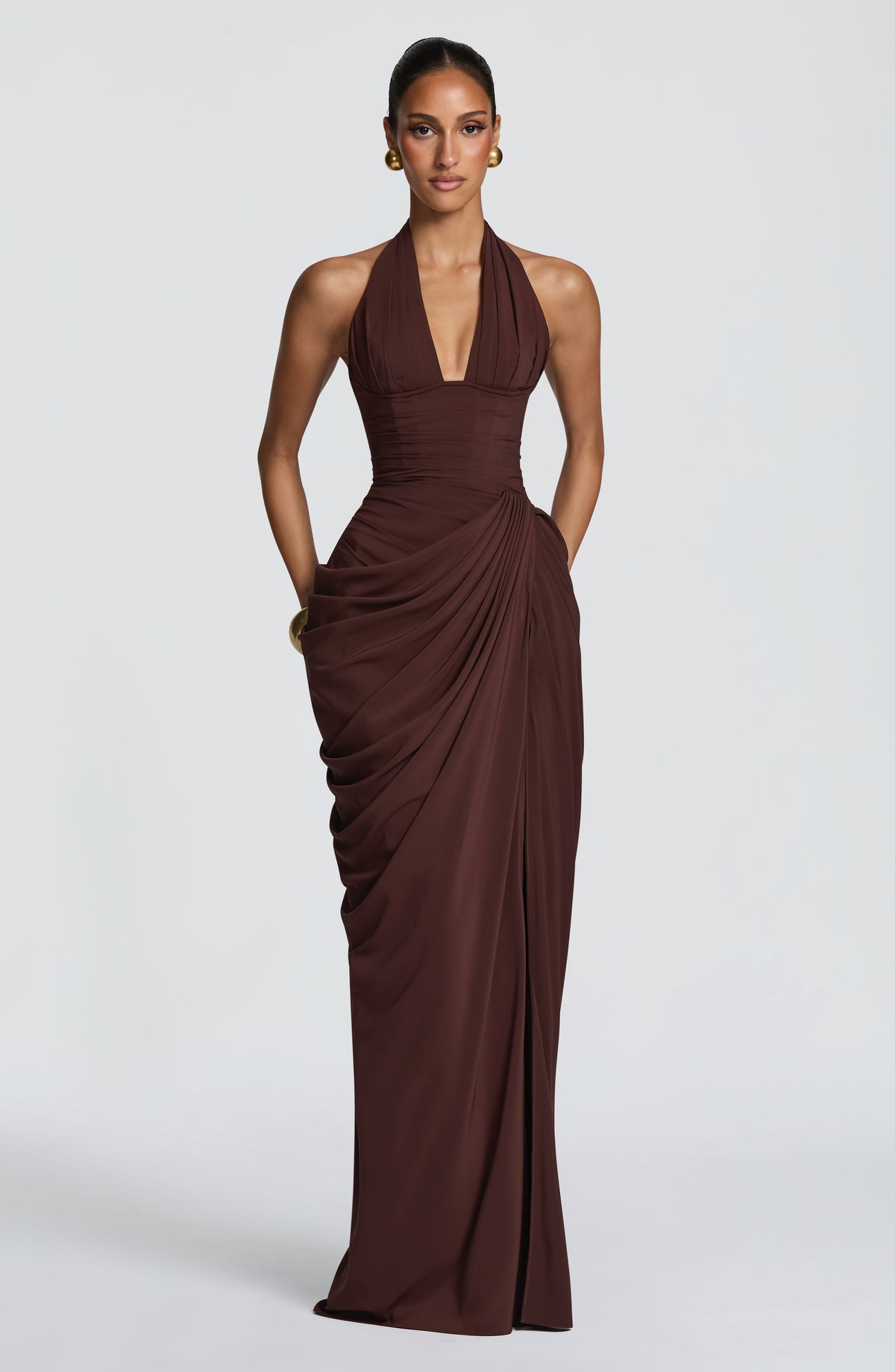 Minette Halter Maxi Dress - Chocolate Brown