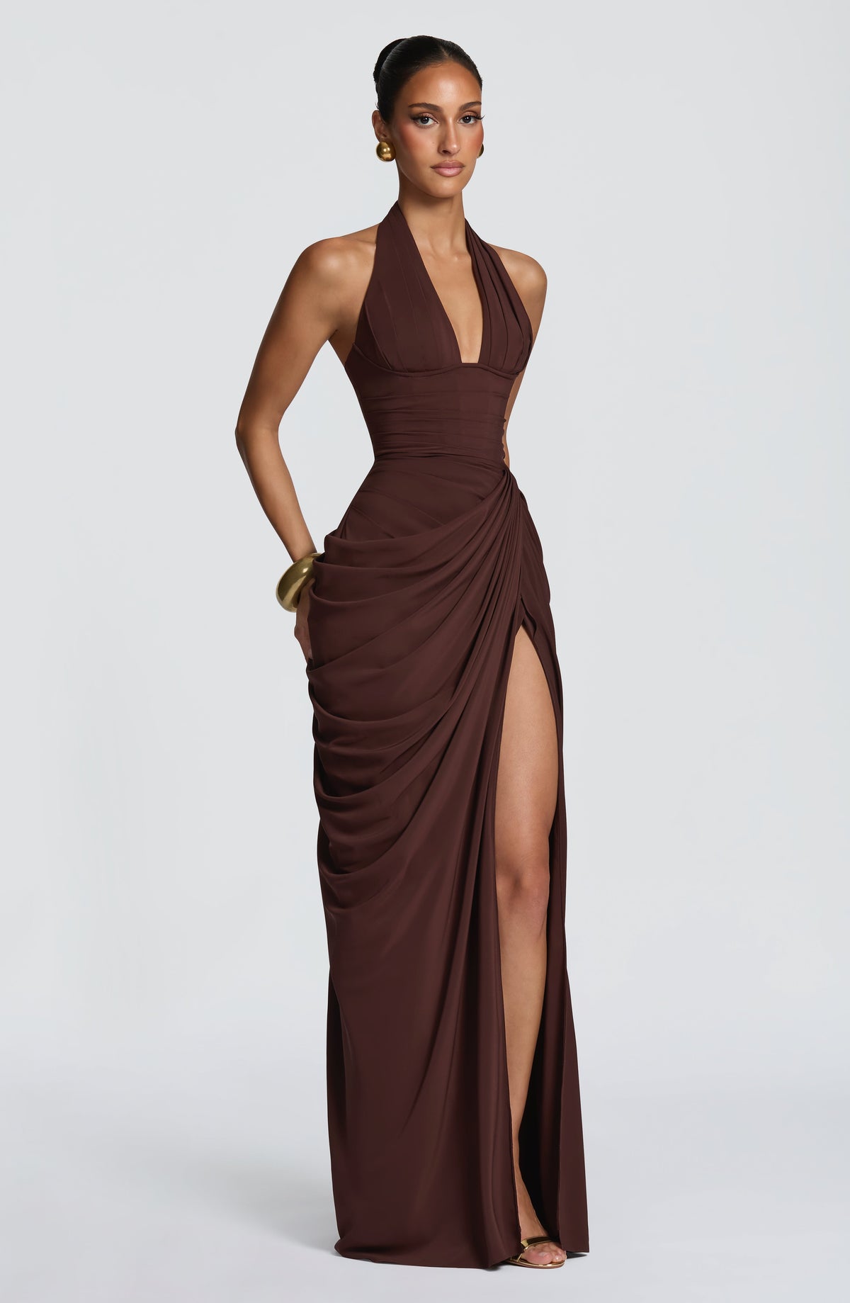 Minette Halter Maxi Dress - Chocolate Brown