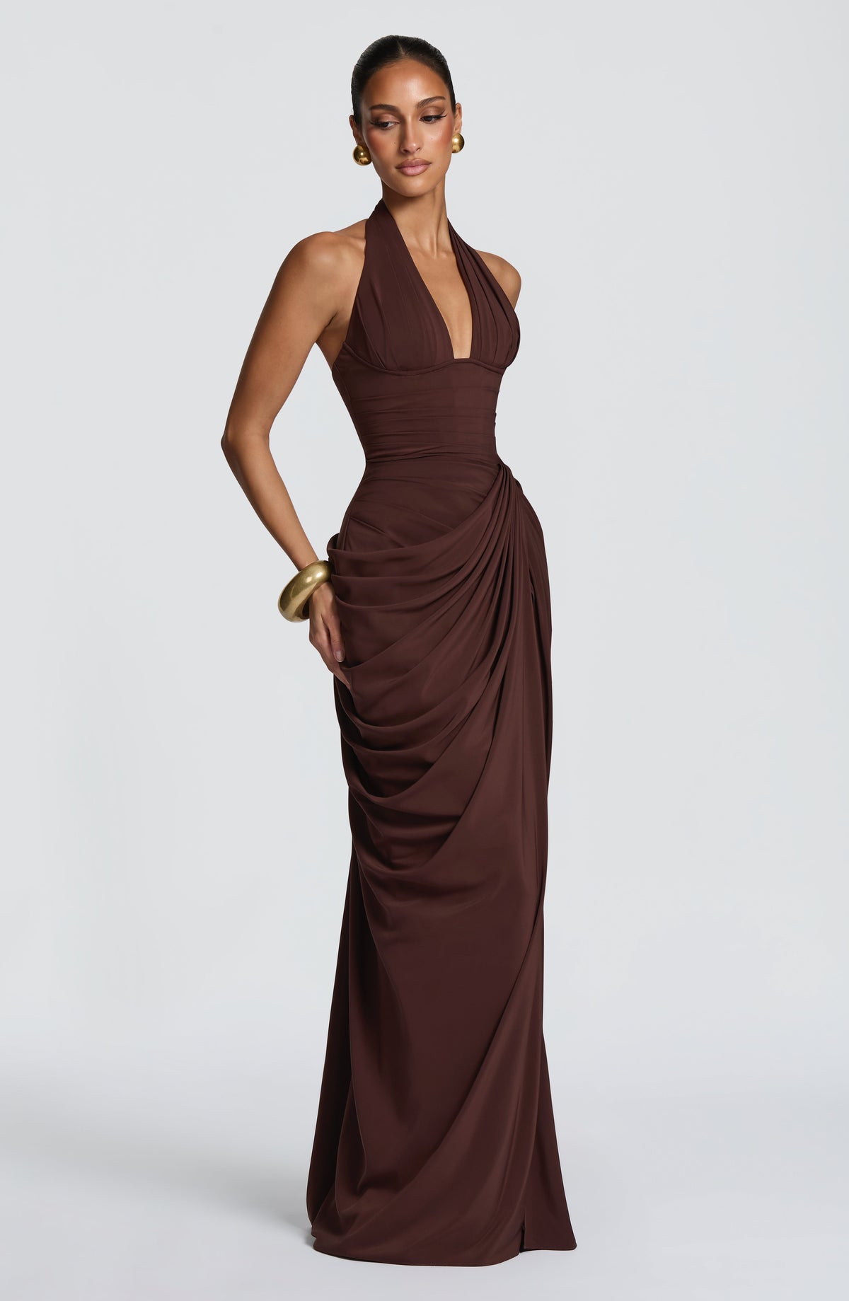 Minette Halter Maxi Dress - Chocolate Brown