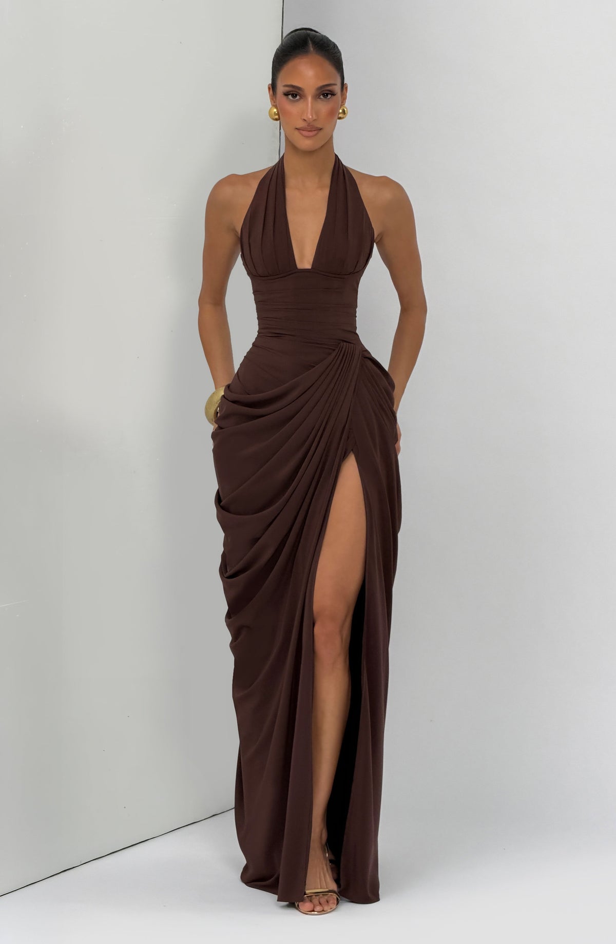 Minette Halter Maxi Dress - Chocolate Brown