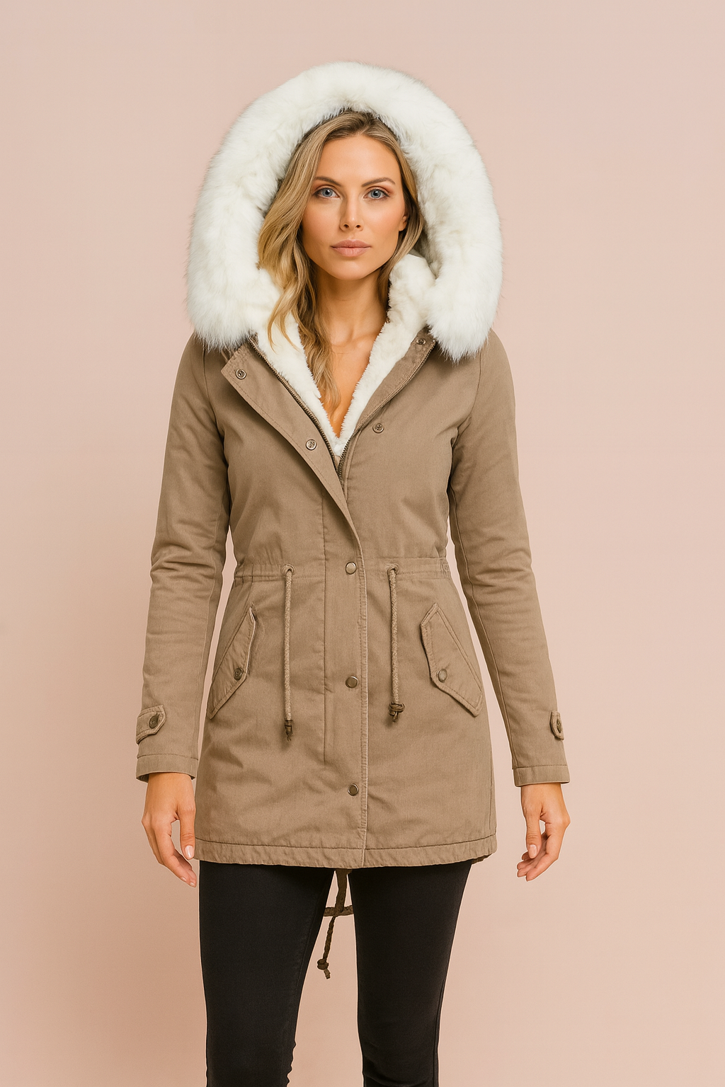 Nordelle Faux Fur Hooded Longline Parka Coat - Beige
