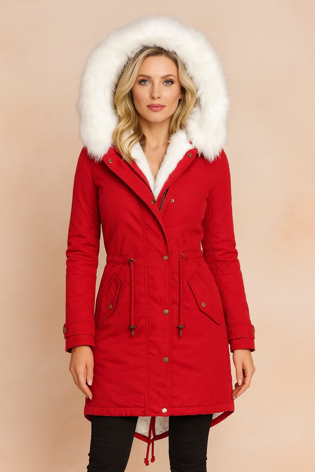 Nordelle Faux Fur Hooded Longline Parka Coat - Red