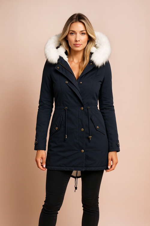 Nordelle Faux Fur Hooded Longline Parka Coat - Navy