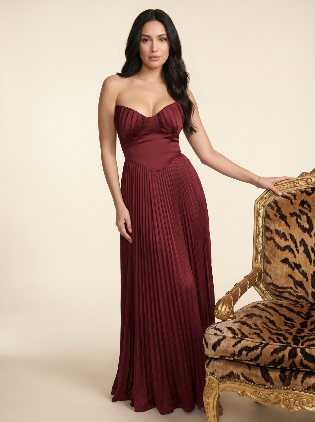 Sidonie Pleated Maxi Dress - Burgundy