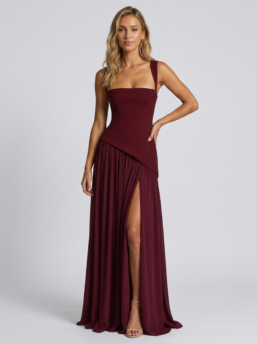 Solara Square Neck Maxi Dress - Burgundy