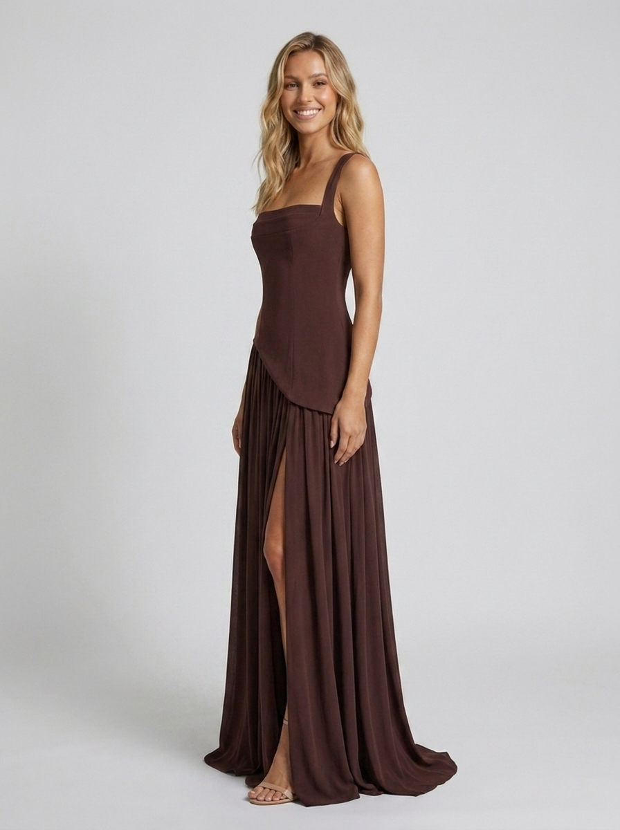 Solara Square Neck Maxi Dress - Chocolate Brown