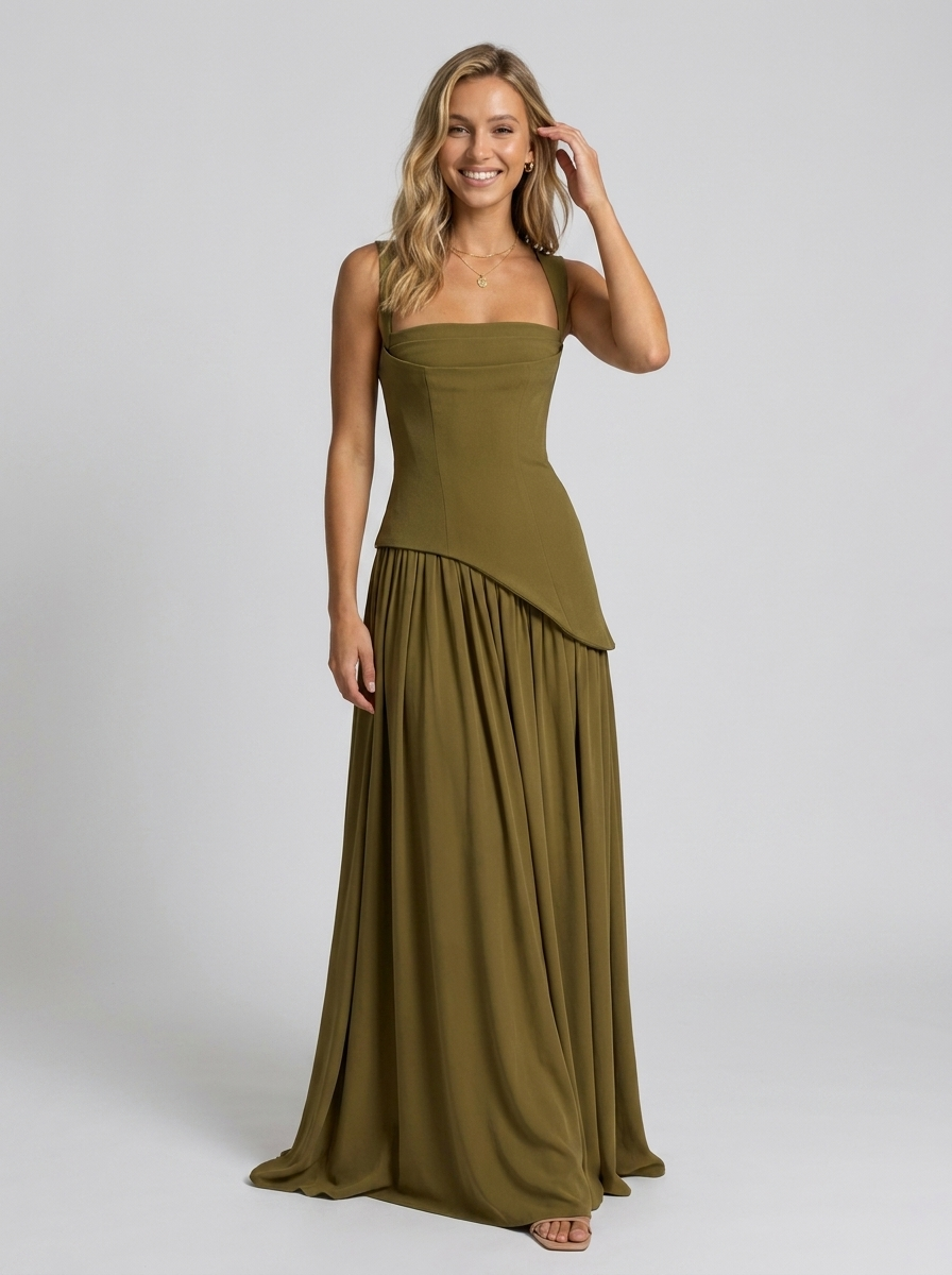 Solara Square Neck Maxi Dress - Olive Green