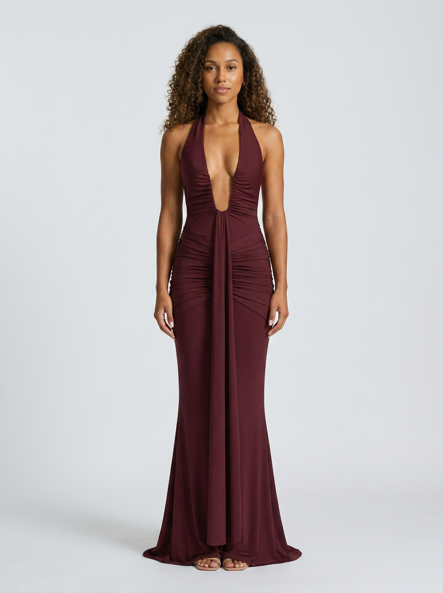 Fiona Ruched Plunge Maxi Dress