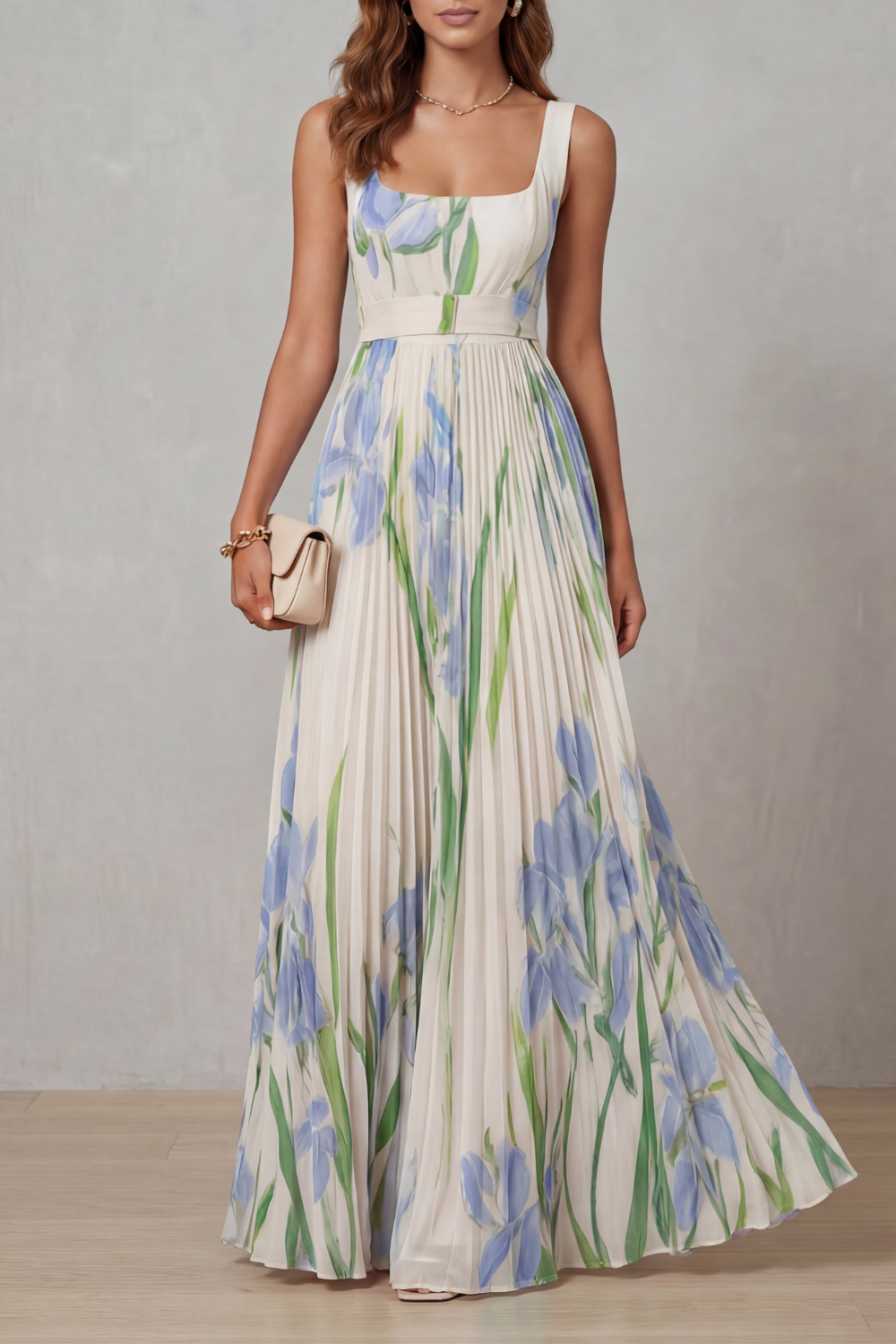 Vivien Pleated Maxi Dress - Baby Blue Floral