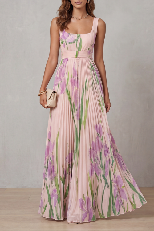 Vivien Pleated Maxi Dress - Pink Floral