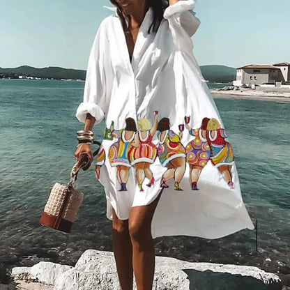 White beach mini shirt dress with colorful cartoon figure print and loose long-sleeve silhouette