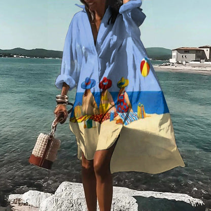 Light blue beach mini shirt dress with beach scene print, long sleeves, and flowy casual fit
