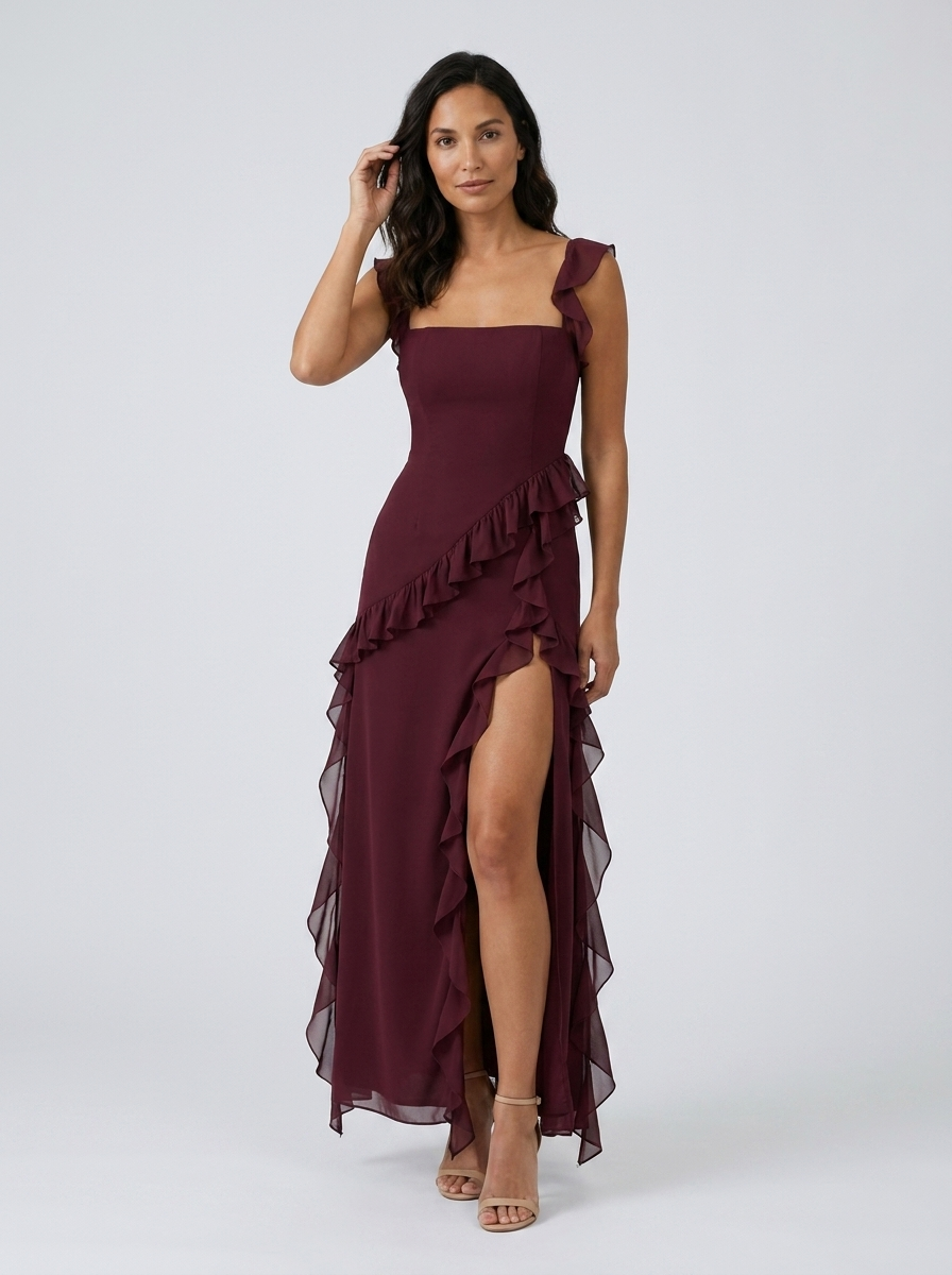 Yolande Ruffle Maxi Dress - Burgundy